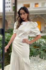 Vestido Manga Bufante com Cristais Swarovski