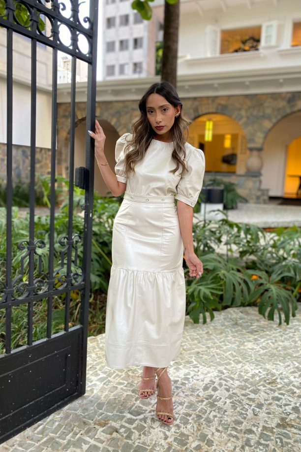 Vestido Manga Bufante com Cristais Swarovski