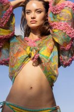 Camisa Estampada Fios de Lurex e Babados