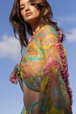 Camisa Estampada Fios de Lurex e Babados