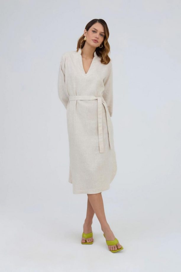 Vestido Midi Manga Com Faixa Em Tecido Ninive
