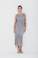 Saia Com Fenda Tricot Rendado Cinza