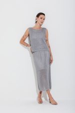 Saia Com Fenda Tricot Rendado Cinza