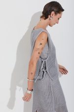 Saia Com Fenda Tricot Rendado Cinza