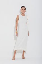 Vestido Longuete Tricot Com Franjas E Perolas Off White