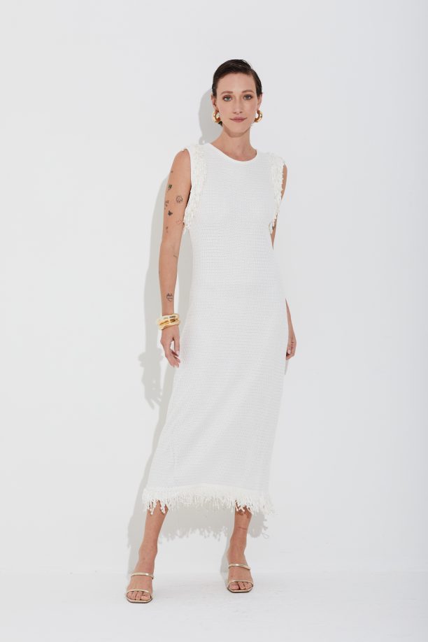 Vestido Longuete Tricot Com Franjas E Perolas Off White
