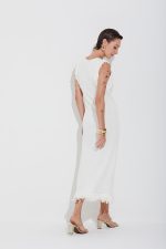 Vestido Longuete Tricot Com Franjas E Perolas Off White
