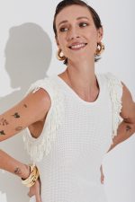 Vestido Longuete Tricot Com Franjas E Perolas Off White