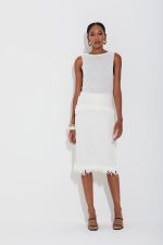 Saia Tricot Em Tela Com Franjas E Perolas Off White