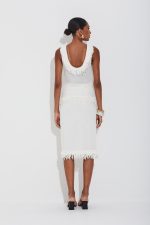 Saia Tricot Em Tela Com Franjas E Perolas Off White