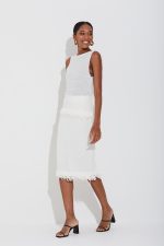 Saia Tricot Em Tela Com Franjas E Perolas Off White