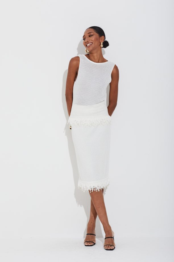 Regata Tricot Em Tela Com Franjas E Perolas Off White
