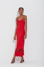 Vestido Midi Tricot Em Malha Cheia Com Franjas