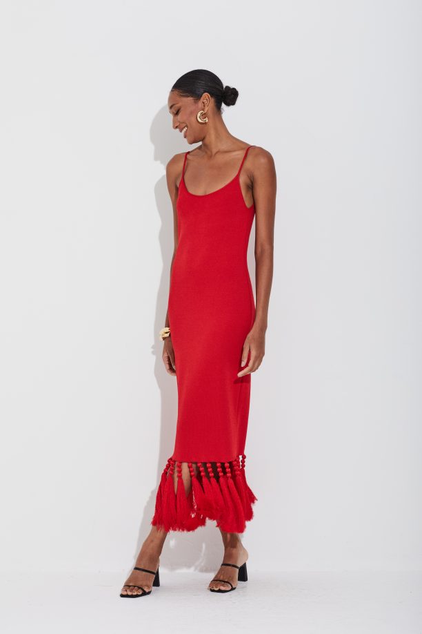 Vestido Midi Tricot Em Malha Cheia Com Franjas